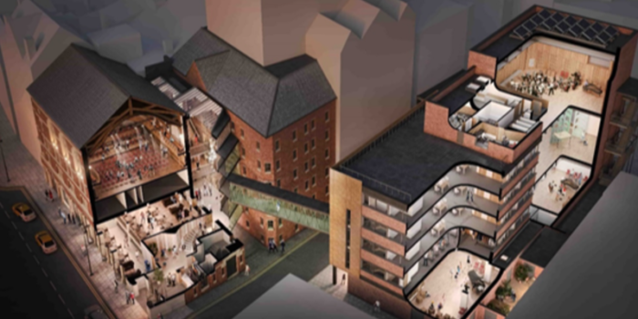 Architect's visualisation: The redeveloped Opera North estate, showing the Howard Assembly Room, new restaurant, box office and atrium on the left and the Howard Opera Centre on the right.
