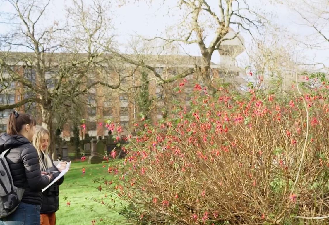 Two Student Ambassadors are making notes whilst looking at a small tree on campus