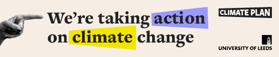 Banner image with a finger pointing to the words "we're taking action on climate change", alongside a 'Climate Plan' icon and the University of Leeds logo
