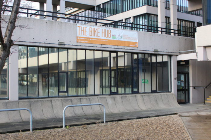 Picture of the outside of the University Bike Hub, located between Roger Stevens and EC Stoner buildings