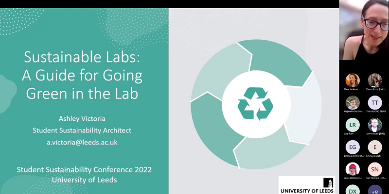 Screenshot of an online presentation slide from the SSRC22 titled 'Sustainable Labs, a guide for going green in the lab'
