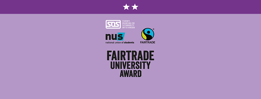 Graphic image with purple background and a banner at the top with two white stars. Black text reads 'Fairtrade university award'