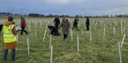 Hazel stood in a field of tree planting in a high visibility jacket and holding a clipboard.