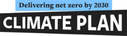 Image shows the words 'CLIMATE PLAN' on a black background, alongside 'Delivering Net Zero by 2030' on a blue background.