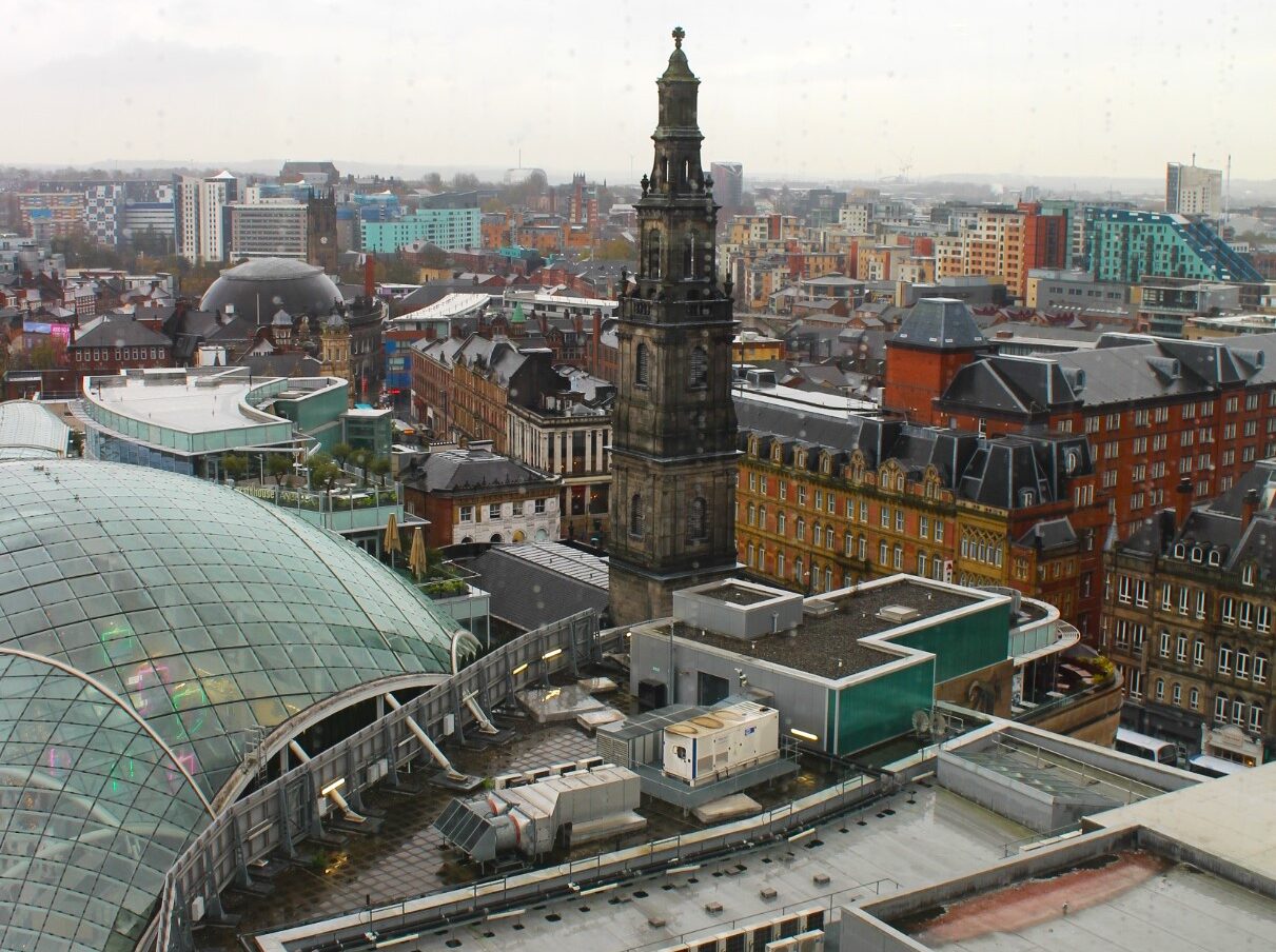 A view across Leeds City centre from a high building.