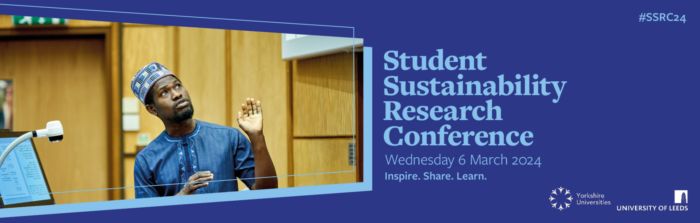 Blue banner with an image of a student presenter wearing blue on the left and text saying 'student sustainability research conference' on the right