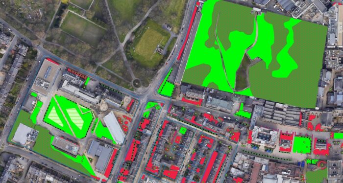 A habitat map overlaid on an aerial view of the University of Leeds campus. The coloured areas overlaid on the picture represent different habitat types including grassland, hedges and wildflower meadows.