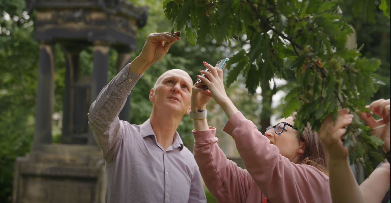 A man looking at a leaf and a woman taking a photo of it on her phone