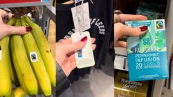 bananas, a t-shirt and box of tea all including the Fairtrade logo on the packaging