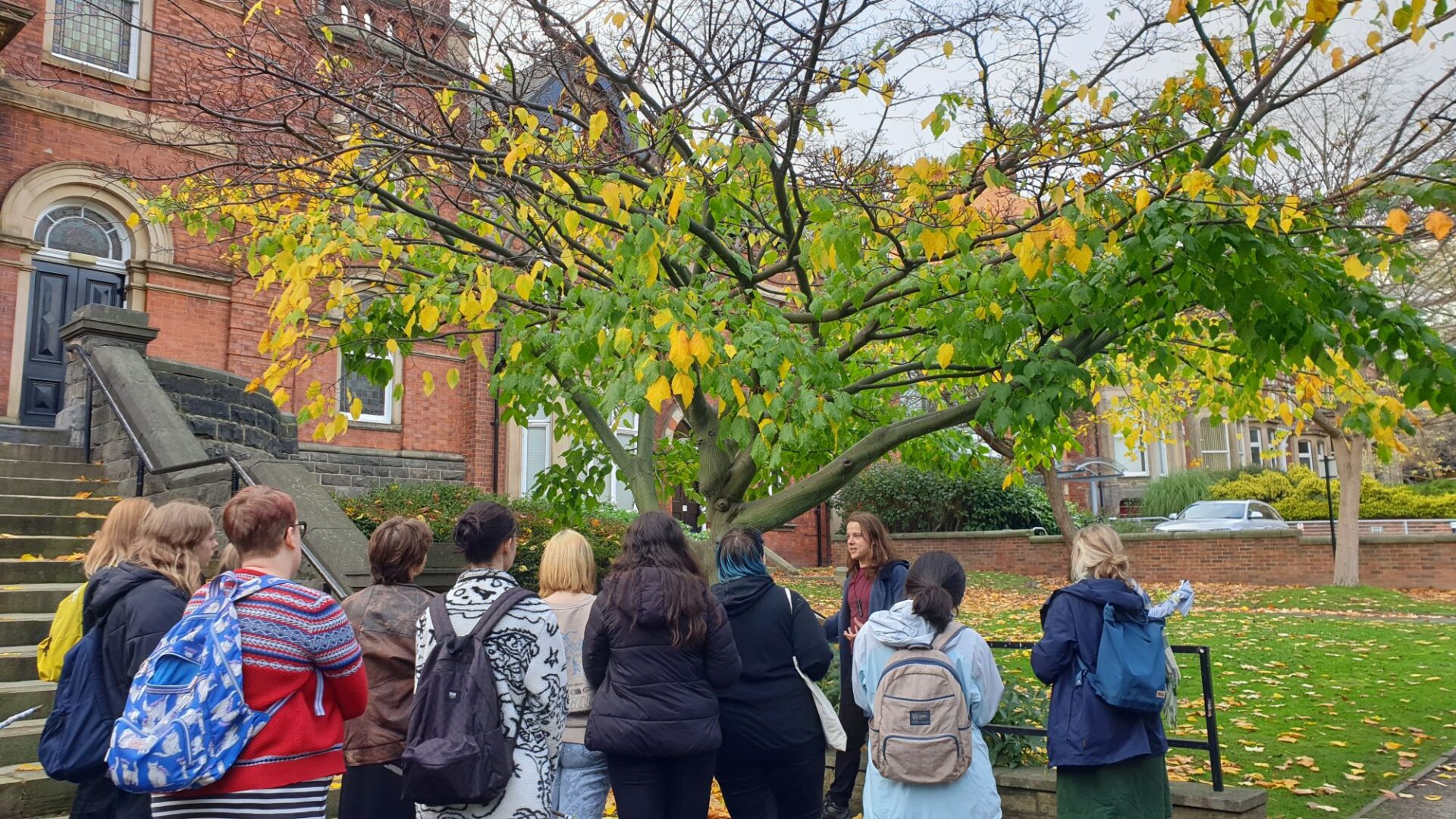 A group enjoy the campus tree trail. They gather around a tree outside of the school of music.