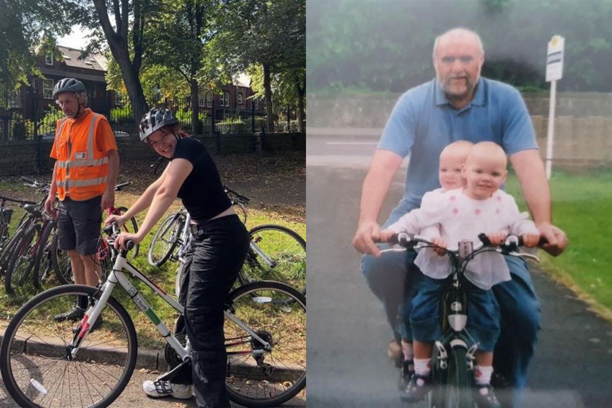 Woman on a bike on the left hand on the photo, and on the right is an elderly man on a bike, with two toddlers sat on the front