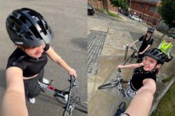 Three women on bike smiling at the camera