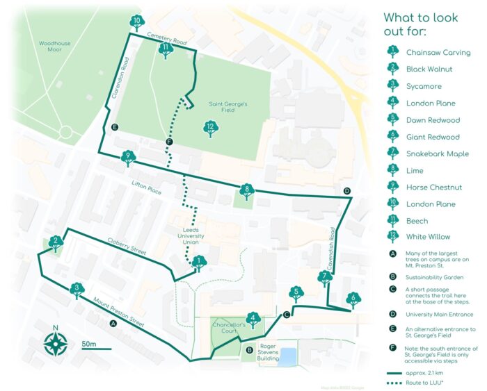 A map detailing the Campus Tree Trail. 