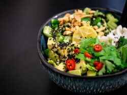 A vegan salad in a blue bowl. 