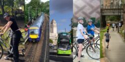 Text reads Sustainable Travel Photo Competition. Train, bikes, and runners in the background.