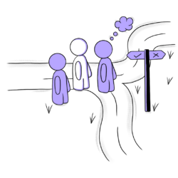 Illustration of people at a cross roads making a decision on what route to take 