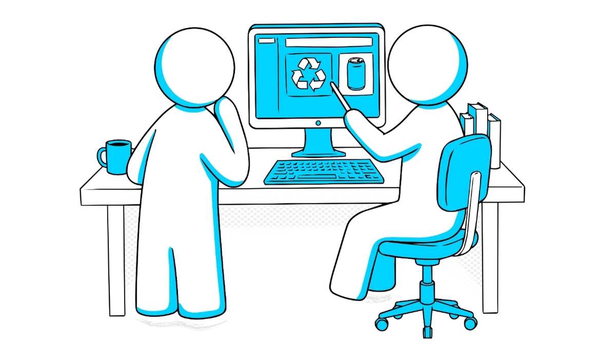 Illustration of two people at a desk looking at a computer screen. The screen shows a shopping page with a prominent 'recycled' logo.