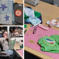 A grid displaying embroidered cushion covers, and a Student Sustainability Architect holding an embroidered top.